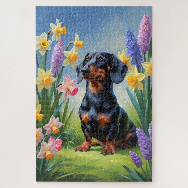 Puzzle Dachshund Chien Fleurs de printemps Peinture (Vertical)