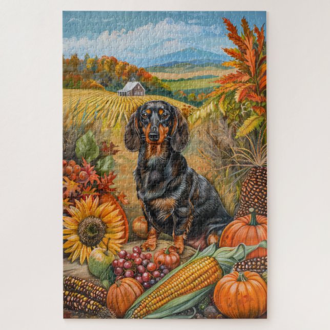 Puzzle Dachshund Chien Moisson Automne Thanksgiving (Vertical)