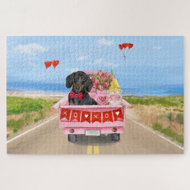 Puzzle Dachshund Chien Saint-Valentin Camion Cœurs (Horizontal)
