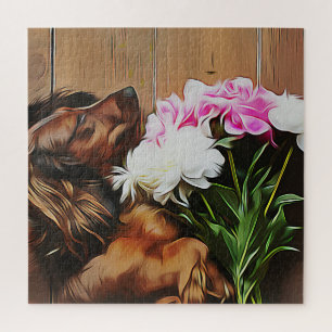 Puzzle Dachshund couché sur le plancher en bois