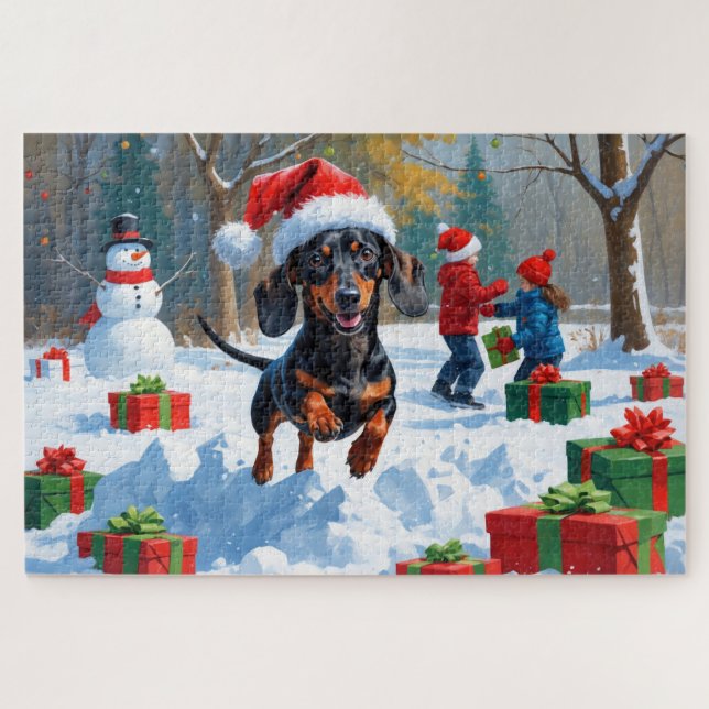 Puzzle Dachshund Courir en neige avec Casquette de Noël (Horizontal)