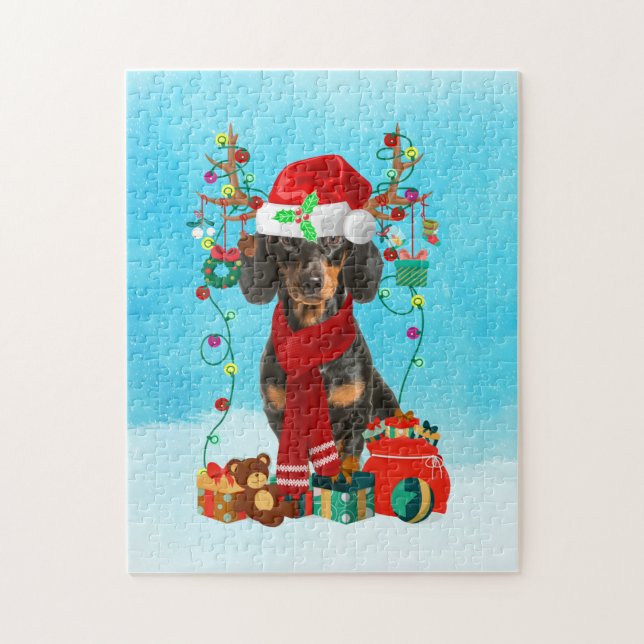 Puzzle Dachshund dans la neige avec cadeaux de Noël (Vertical)