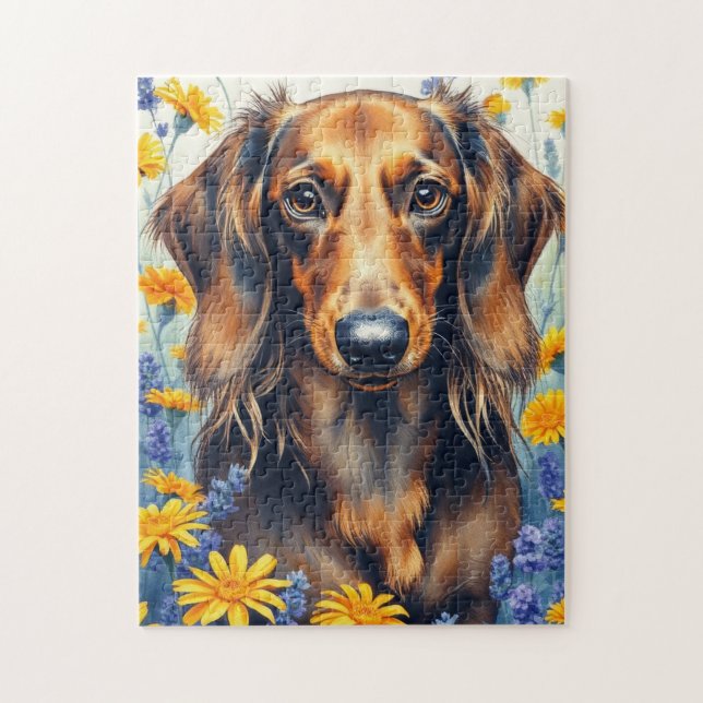 Puzzle Dachshund dans le jardin aux fleurs (Vertical)