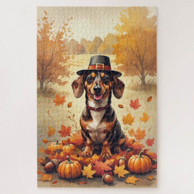 Puzzle Dachshund dans les feuilles d'automne, l'art de Th (Vertical)