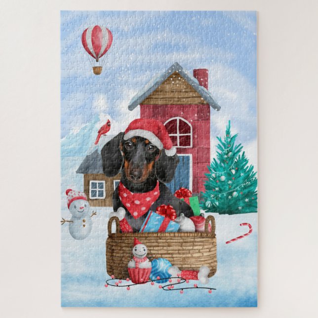 Puzzle Dachshund dans une maison de Noël enneigée  (Vertical)