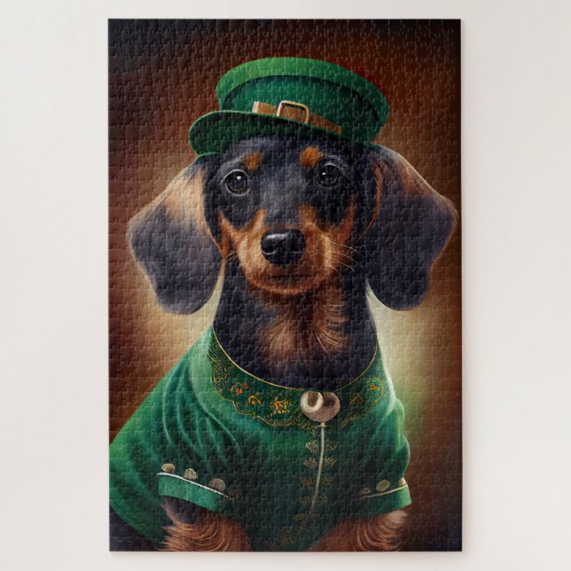 Puzzle Dachshund Dog en tenue de la Saint Patrick (Vertical)