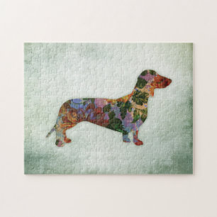 Puzzle Dachshund Dog Floral On Green