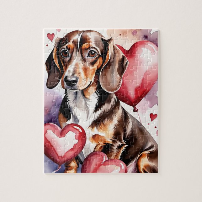 Puzzle Dachshund Dog Pet Portrait Watercolor Valentine (Vertical)