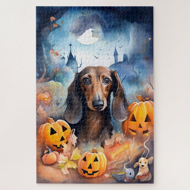 Puzzle Dachshund Halloween avec citrouilles épouvantable (Vertical)