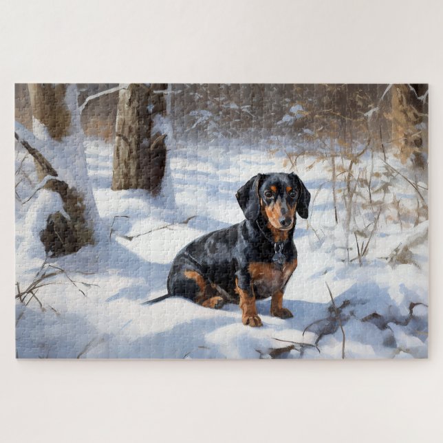 Puzzle Dachshund Laissez tomber la neige Noël (Horizontal)