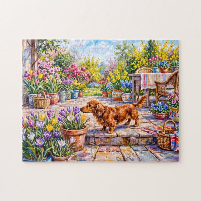 Puzzle Dachshund marchant à travers la floraison printani (Horizontal)