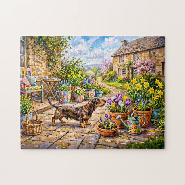Puzzle Dachshund marchant à travers un patio de fleurs co (Horizontal)