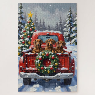 Puzzle Dachshund Noël Camion Rouge Fêtes
