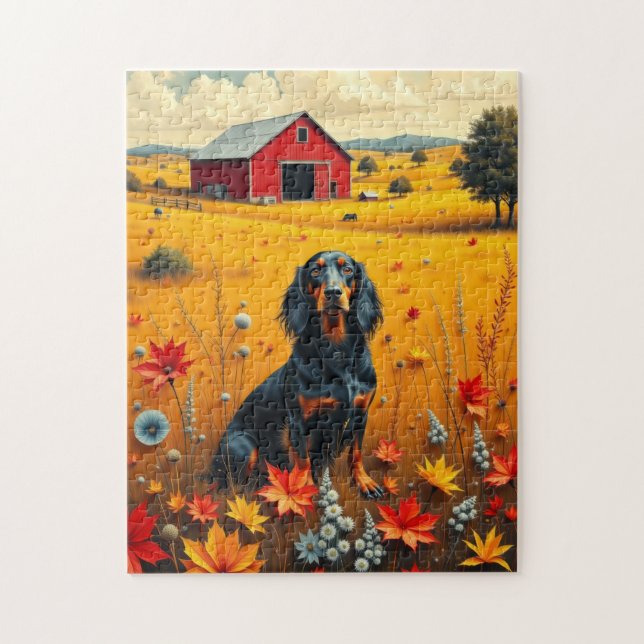 Puzzle dachshund on the farm in autumn (Vertical)