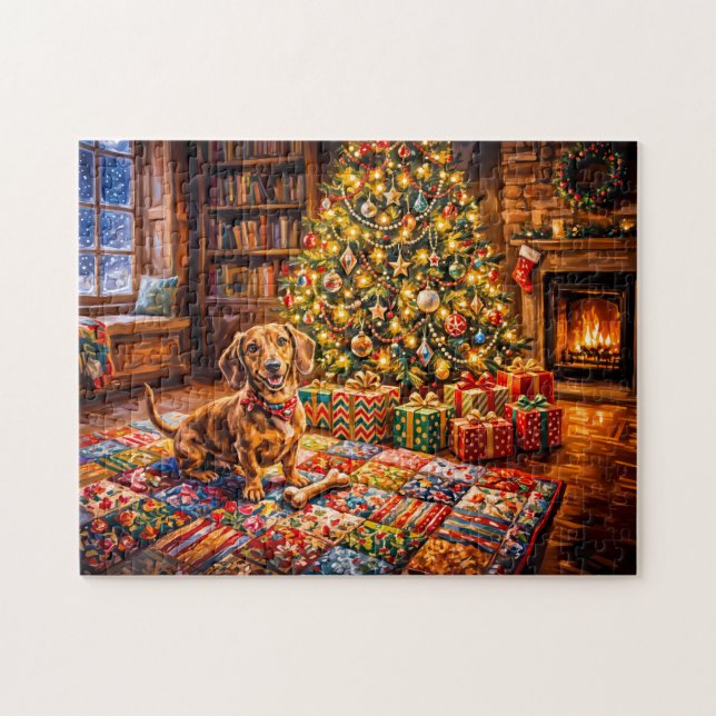 Puzzle Dachshund se reposant à côté d'un feu d'arbre de N (Horizontal)