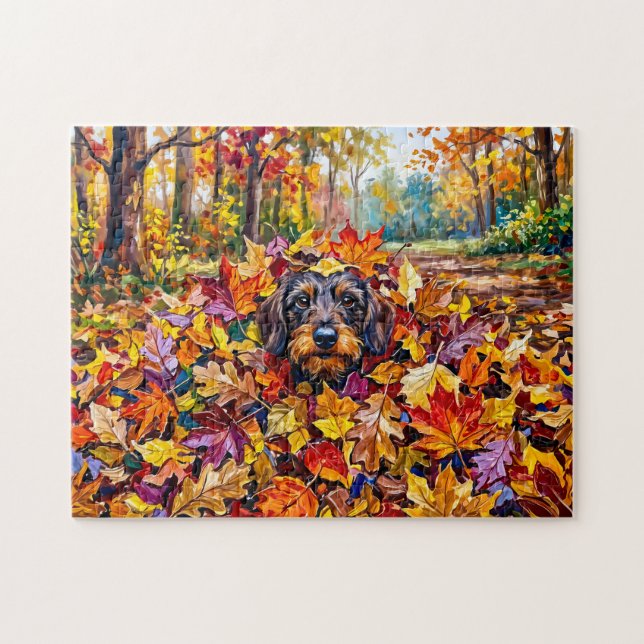 Puzzle Dachshund se reposant dans des feuilles d'automne  (Horizontal)