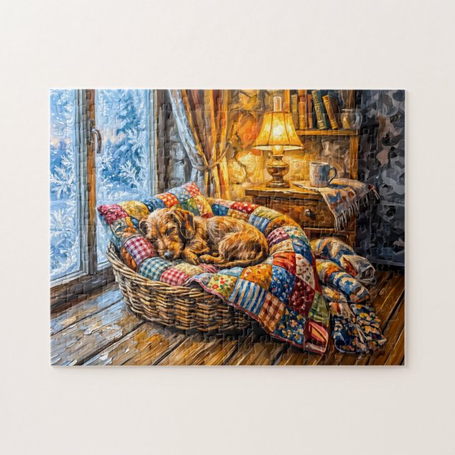 Puzzle Dachshund se reposant dans un panier d'hiver confo (Horizontal)