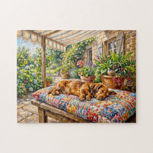 Puzzle Dachshund se reposant sur un banc de jardin en pat