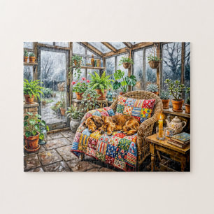 Puzzle Dachshund se reposant sur une chaise patchwork à l