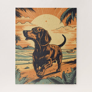 Puzzle Dachshund sur une plage tropicale au coucher du so