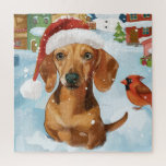 Puzzle Dachshund Winter Wonderland Christmas Joy<br><div class="desc">Ce design festif reflète l'esprit joyeux de la période des fêtes, avec un adorable petit portant un chapeau de Père Noël. Le chien est niché dans un pays des merveilles hivernales, avec un bonhomme de neige, un sapin de Noël décoré et des cadeaux joliment emballés. Les flocons de neige tombent...</div>