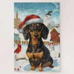 Puzzle Dachshund Winter Wonderland Christmas Joy<br><div class="desc">Ce design festif reflète l'esprit joyeux de la période des fêtes, avec un adorable petit portant un chapeau de Père Noël. Le chien est niché dans un pays des merveilles hivernales, avec un bonhomme de neige, un sapin de Noël décoré et des cadeaux joliment emballés. Les flocons de neige tombent...</div>