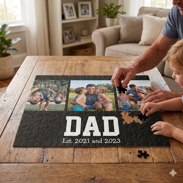 Puzzle Dad Est. Bold Black Font 3 Photo Fathers Day Gift (Créateur téléchargé)