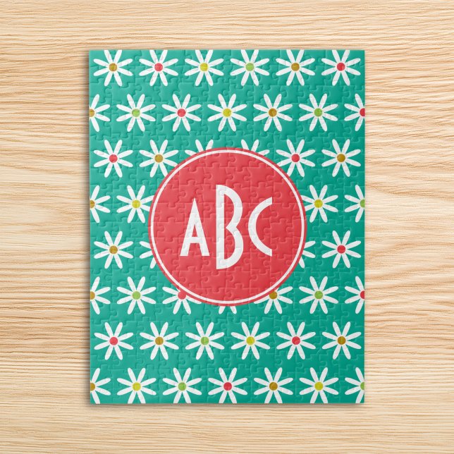 Puzzle Daisy à points sarcelle monogrammée (Monogrammed Teal Daisy Dots Jigsaw Puzzle)
