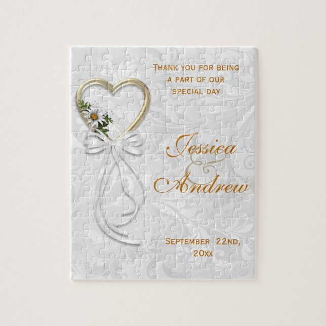 Puzzle Daisy Romantique, Cœur d'Or et Ruban Blanc (Vertical)