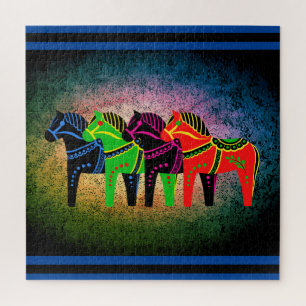 Puzzle Dala Horse, rouge, vert, bleu, noir, cheval folklo