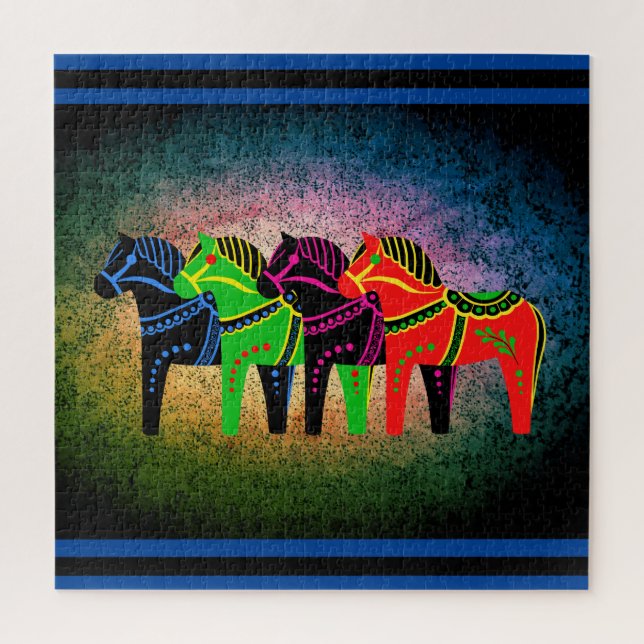 Puzzle Dala Horse, rouge, vert, bleu, noir, cheval folklo (Vertical)
