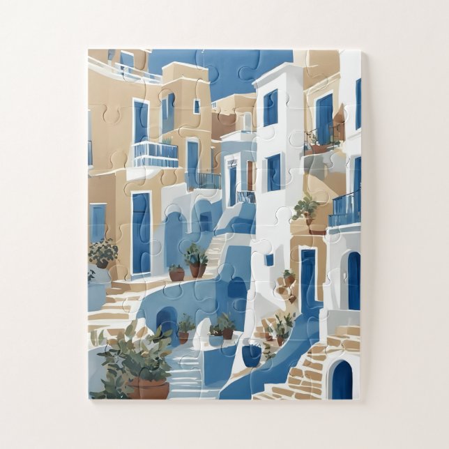 Puzzle d'allée côtière moderne bleu et blanc (Vertical)