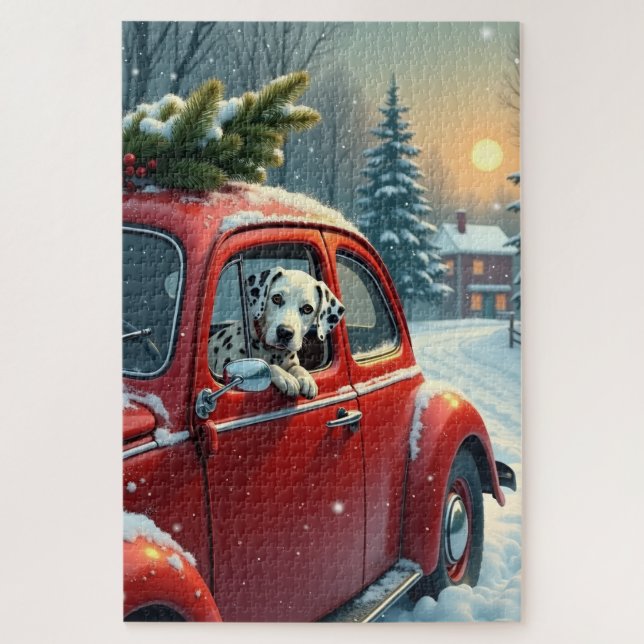 Puzzle Dalmatian Snowy Car Ride Christmas Painting (Vertical)