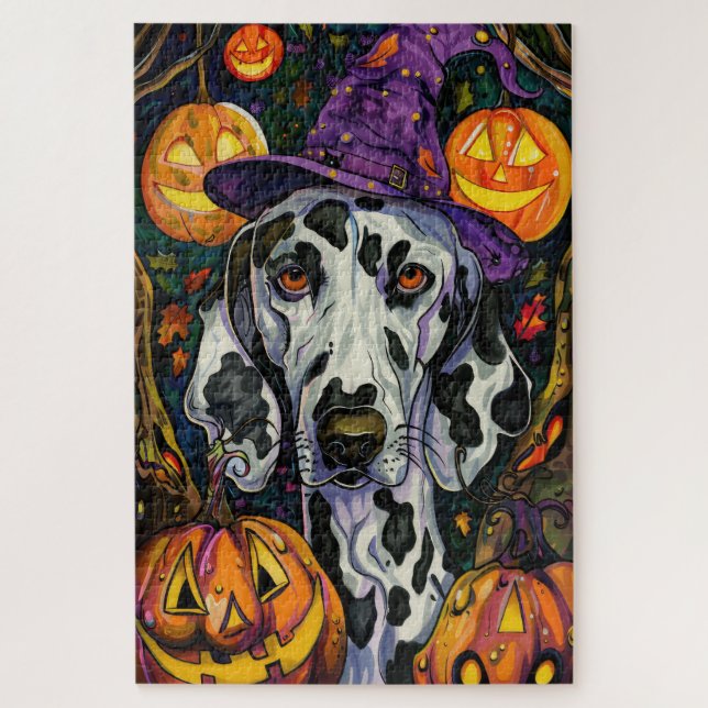 Puzzle Dalmatien effrayant Chien de Halloween Sorcière et (Vertical)