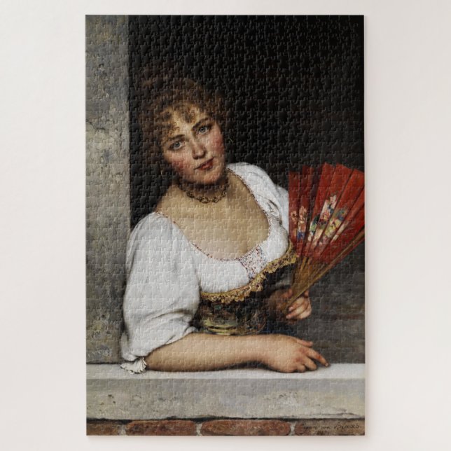 Puzzle Dame au éventail rouge (d'Eugène de Blaas) (Vertical)