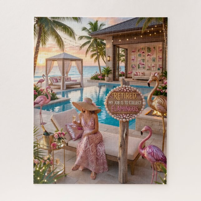 Puzzle Dame Chic Retraitée Thème Flamant Rose Plage Tropi (Vertical)