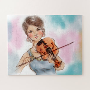 Puzzle Dame de violon classique, Art vintage rose et bleu