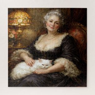 Puzzle Dame élégante baroque posant avec un chat blanc