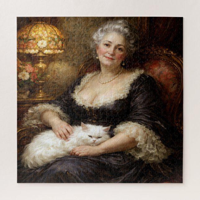 Puzzle Dame élégante baroque posant avec un chat blanc (Vertical)