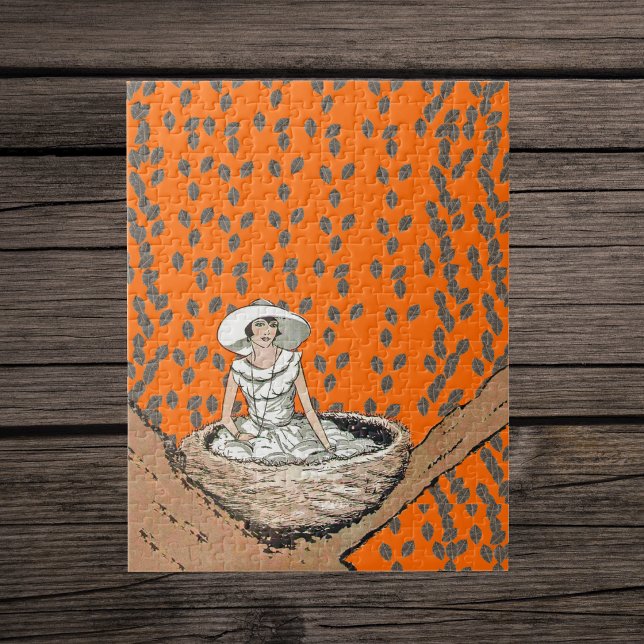 Puzzle Dame Vintage Dans Nid D'oiseau Feuilles (Lady in all white sitting in bird nest with eggs in tree on orange with brown leaves jigsaw puzzle.)