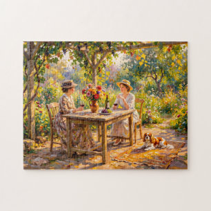 Puzzle Dames partageant du vin sous une pergola de jardin
