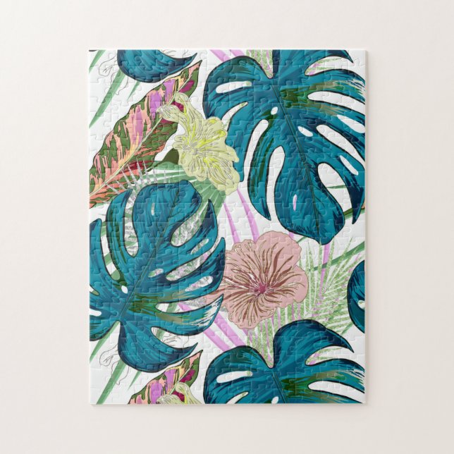 Puzzle Dark turquoise monstera, delicate peach and yellow (Vertical)