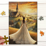 Puzzle d'art du paysage romantique vintage<br><div class="desc">Puzzle représentant une peinture romantique d'art fin d'une dame en robe magnifique,  au coucher du soleil sur les collines. Au loin se trouve une église et un futur rempli d'espoir et de lumière.</div>