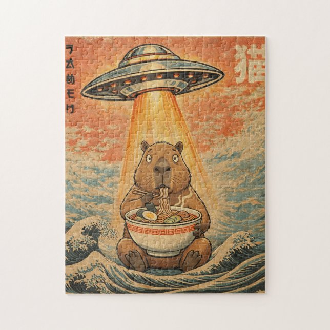 Puzzle d'art Rétro Capybara Ramen UFO Vague (Vertical)