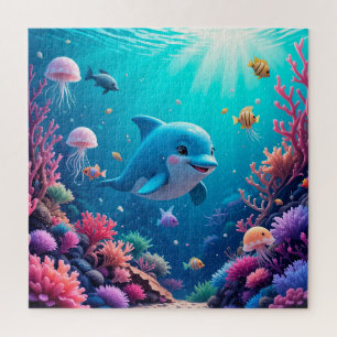 Puzzle Dauphin joueur et vie marine colorée