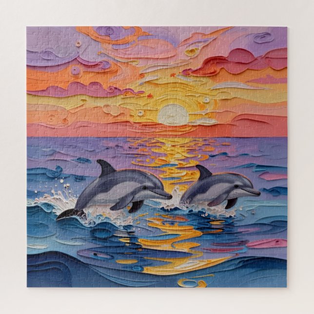 Puzzle Dauphins et vagues océaniques en impasto   (Vertical)