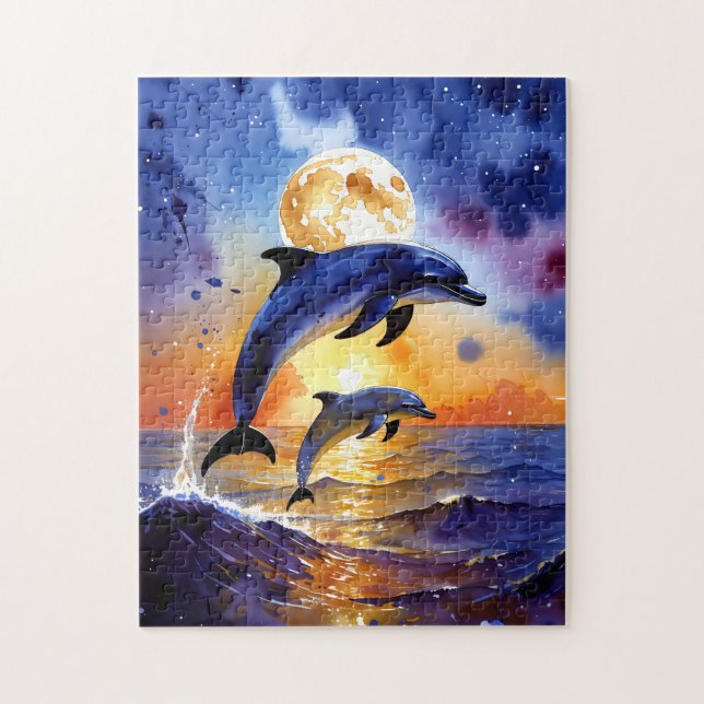 Puzzle Dauphins majestueux éclairés par la lune au couche (Vertical)