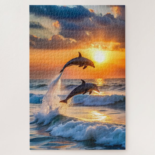 Puzzle Dauphins sautant au coucher du soleil (Vertical)