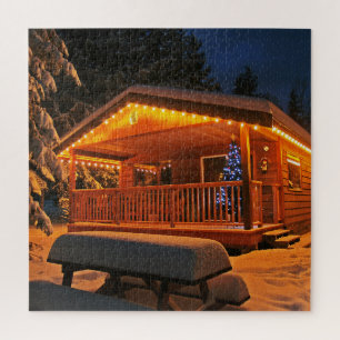 Puzzle de cabane de Noël enneigée la nuit