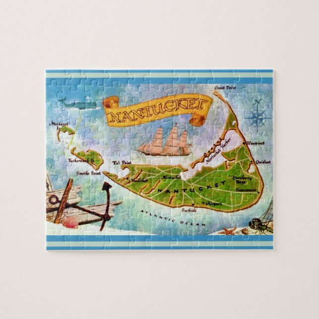 Puzzle de carte de l'île de Nantucket 8x10 (Horizontal)